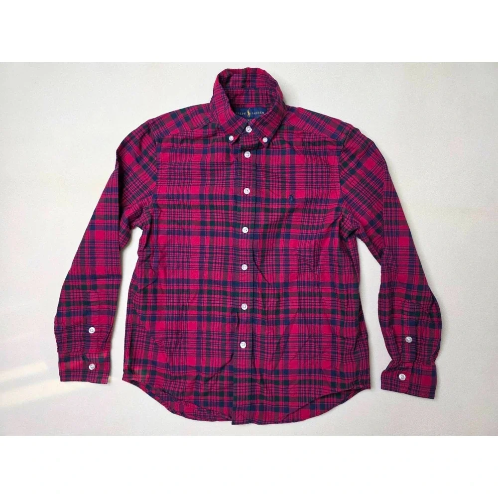 Ralph Lauren Boys Long Sleeve‎ Button Down Shirt Red Plaid Size M 10-12
